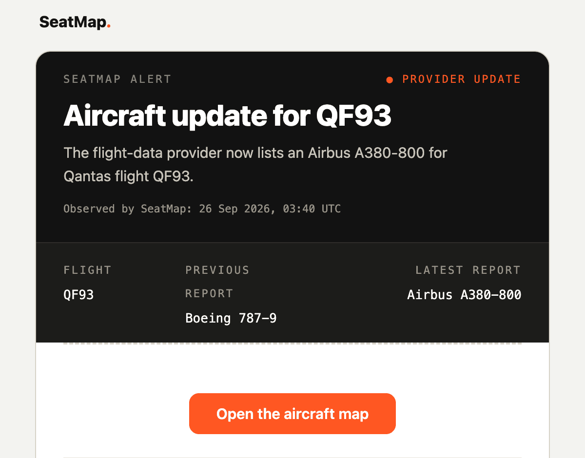 Aircraft update email for QF93 with the previous report, Boeing 787-9, and the latest report, Airbus A380-800