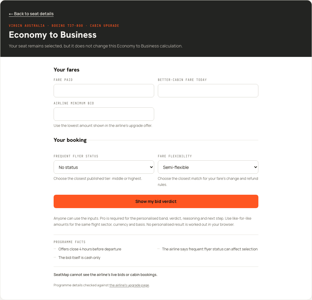 Upgrade Bid calculator showing manual input fields and a SeatMap Pro preview