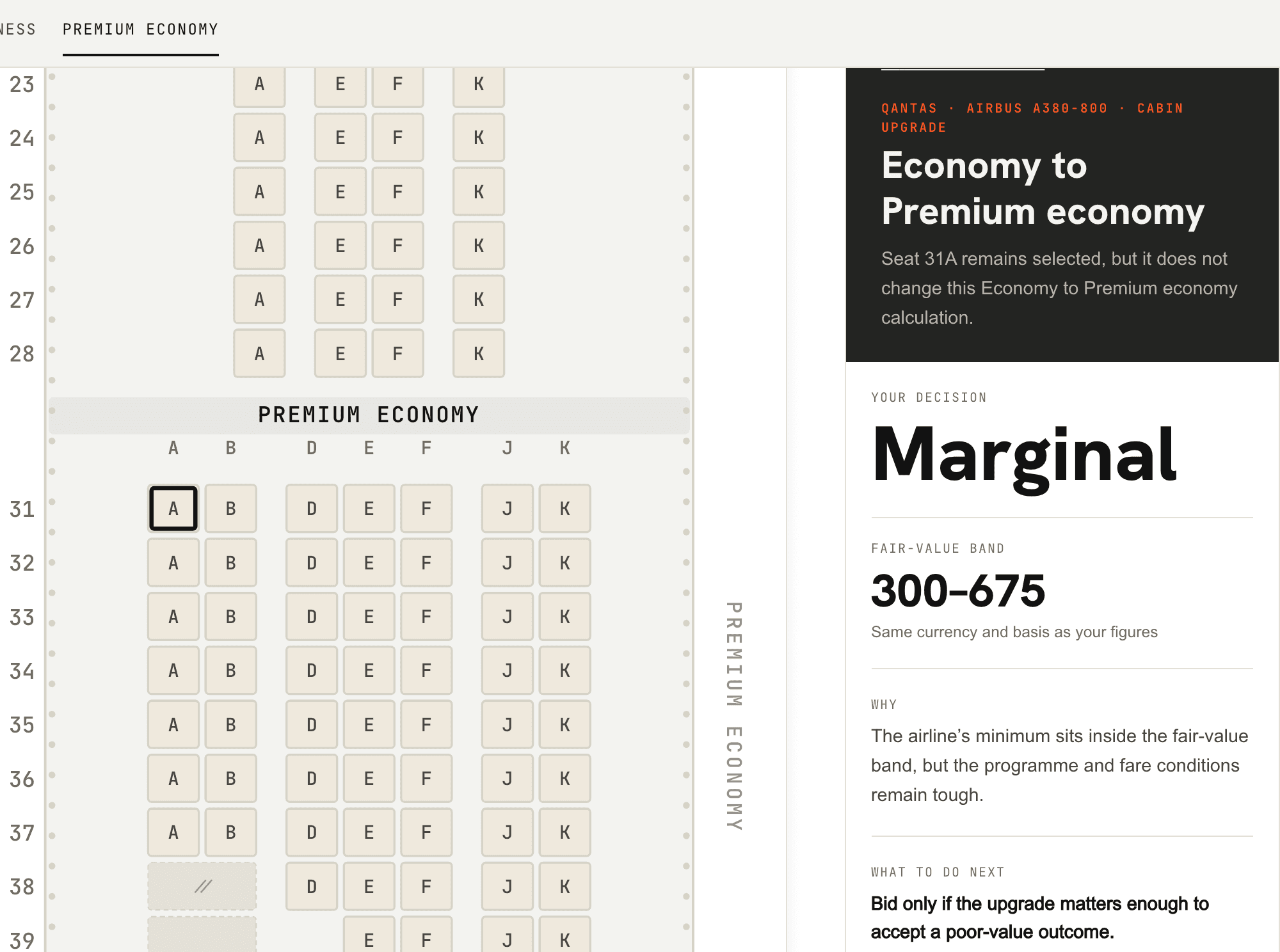 Upgrade Bid result showing a Marginal verdict and fair-value band of 300 to 675