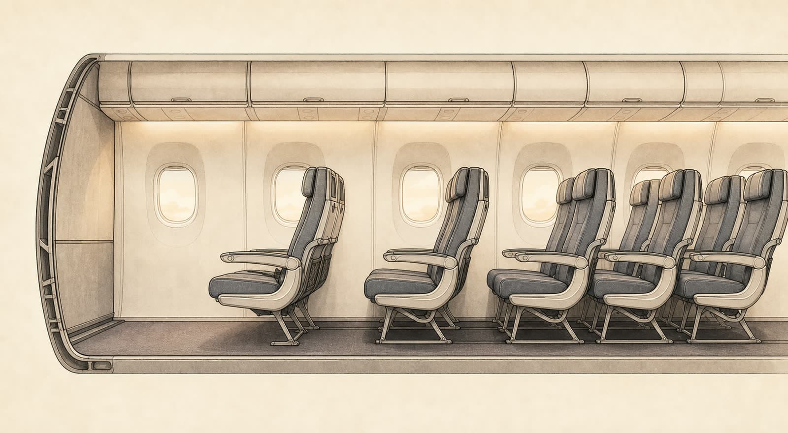 Editorial illustration of a single-aisle cabin in warm paper tones, one forward row drawn with noticeably more space between it and the row ahead