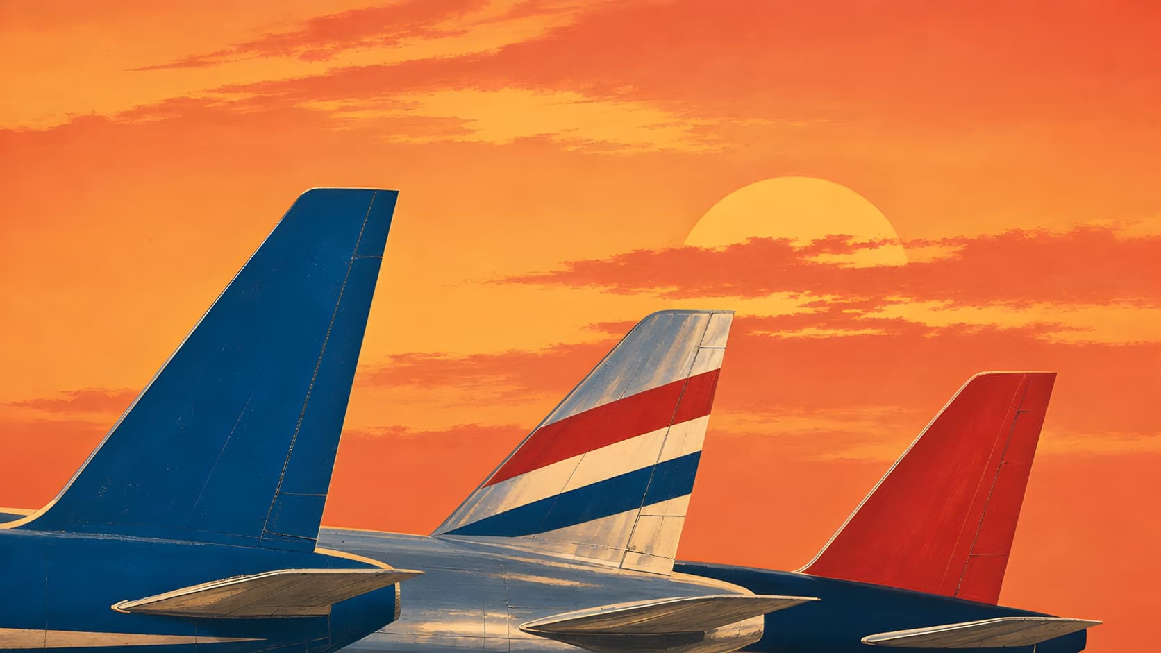 Vintage poster illustration of three airline tail fins at sunset: deep blue, silver with red, white and blue stripes, and red