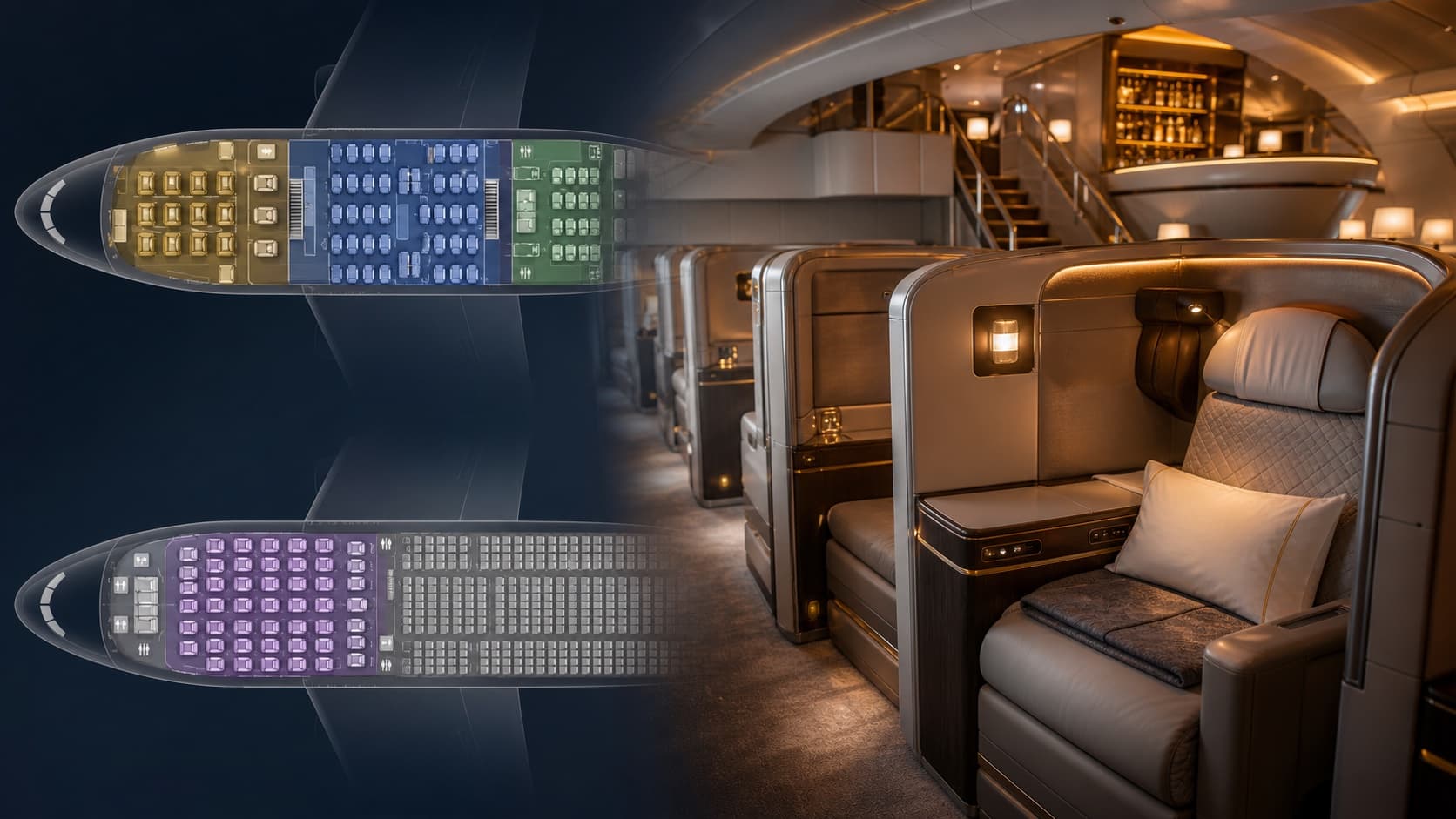 Premium double-deck aircraft cabin with a seat-map overlay showing cabin zones.