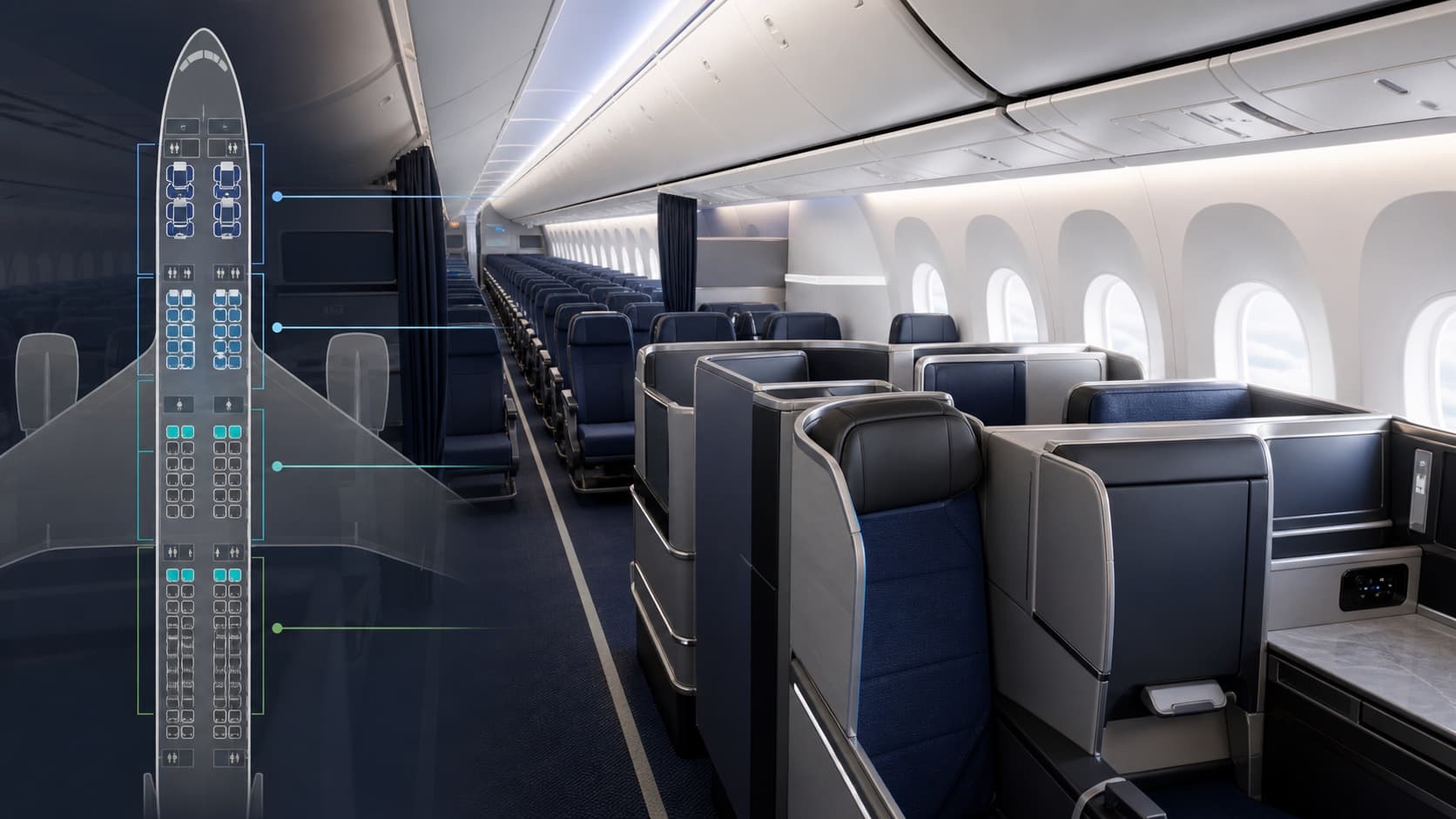Modern wide-body aircraft cabin with a seat-map overlay highlighting cabin zones and seat choices.