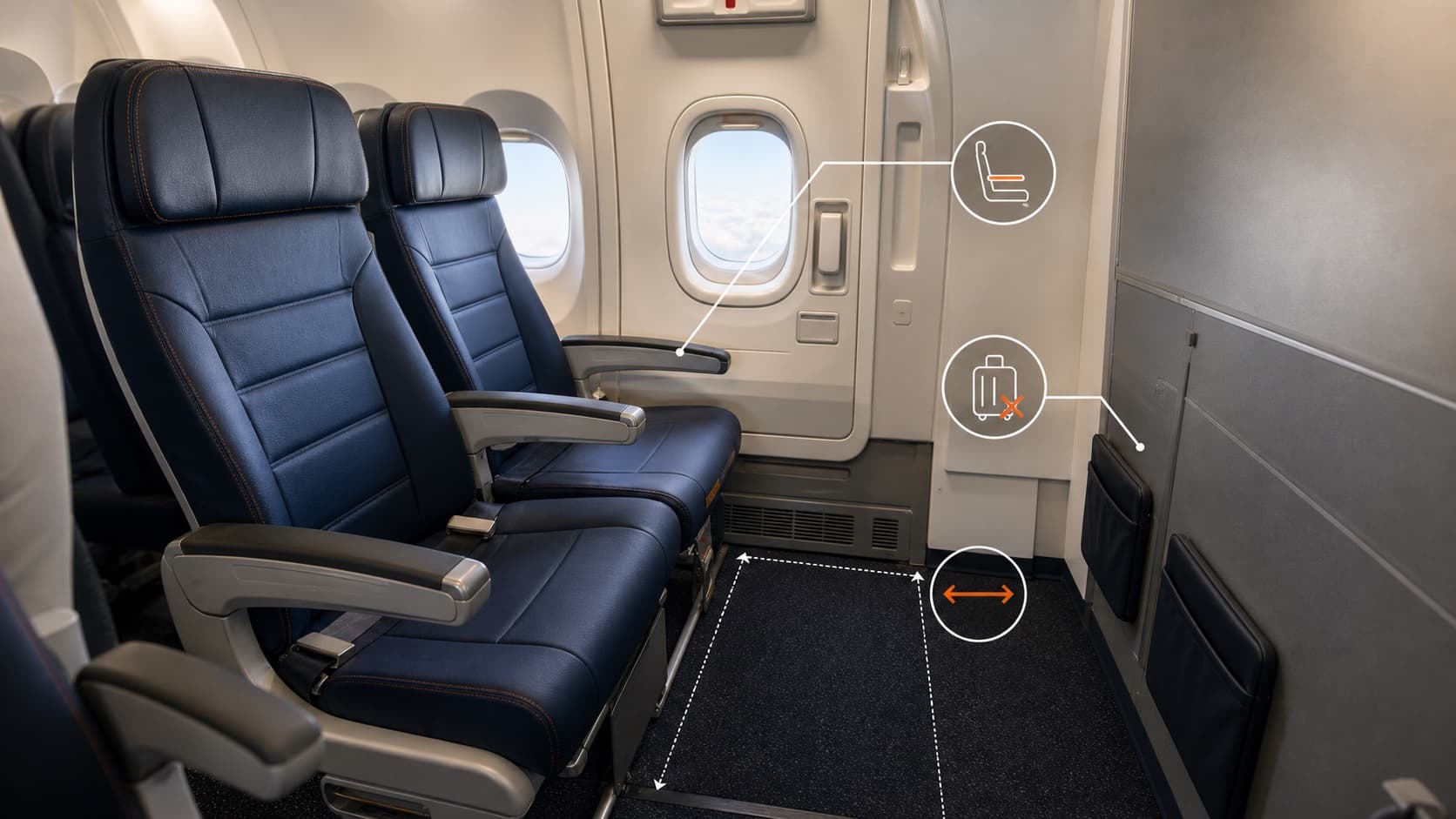 Empty aircraft exit row seats beside an emergency exit, with overlays showing legroom and bag storage limits.