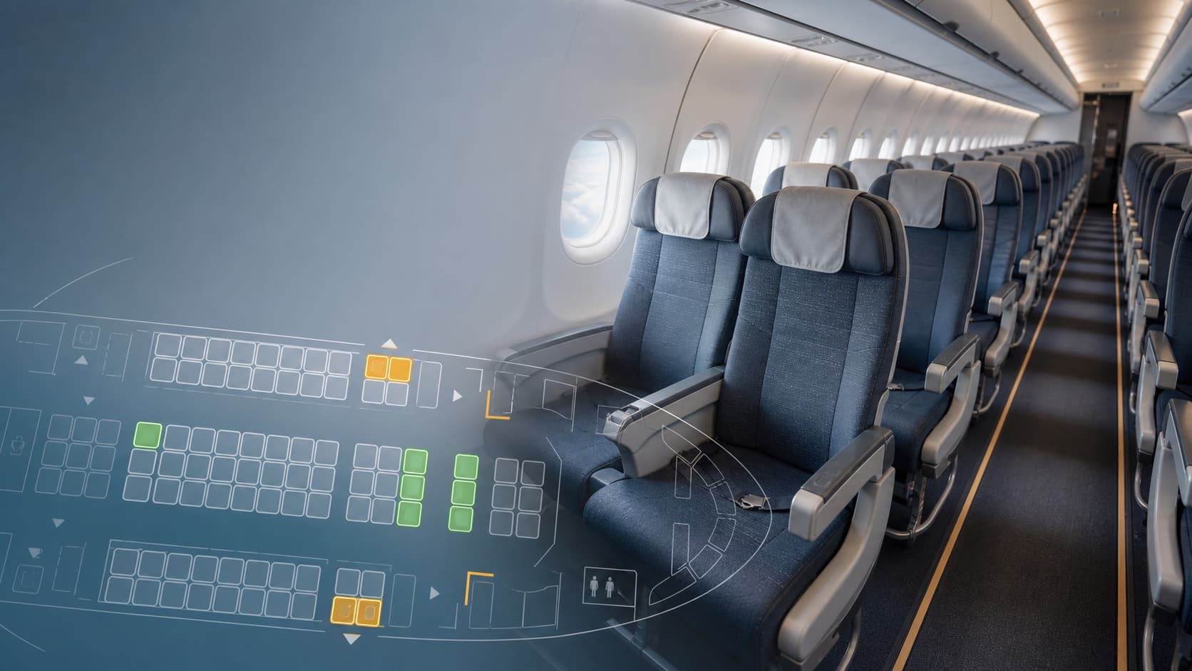 Aircraft economy seats with a seat-map overlay highlighting different row choices.
