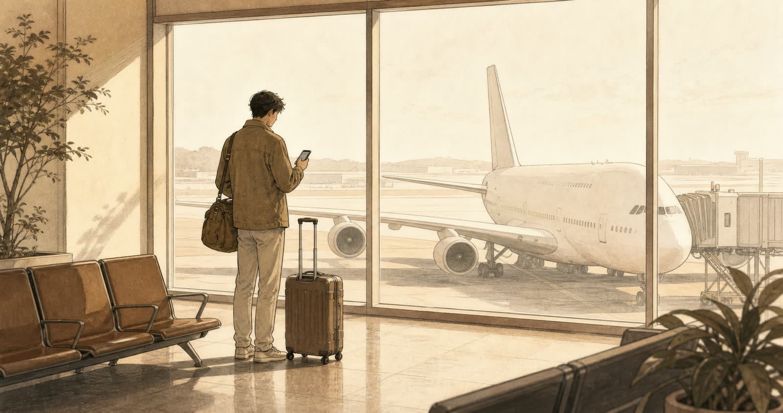 Editorial illustration of a traveller at an airport gate window checking their phone while a widebody waits on stand, warm paper tones, no branding or livery.
