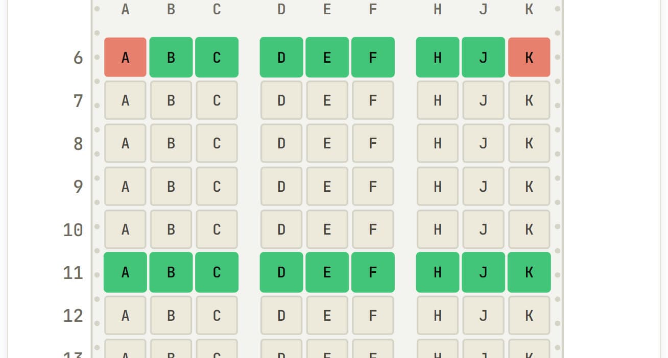 A section of our Scoot 787-9 seat map: the forward economy rows in a 3-3-3 layout, with 6A and 6K flagged as walls and row 11 highlighted.