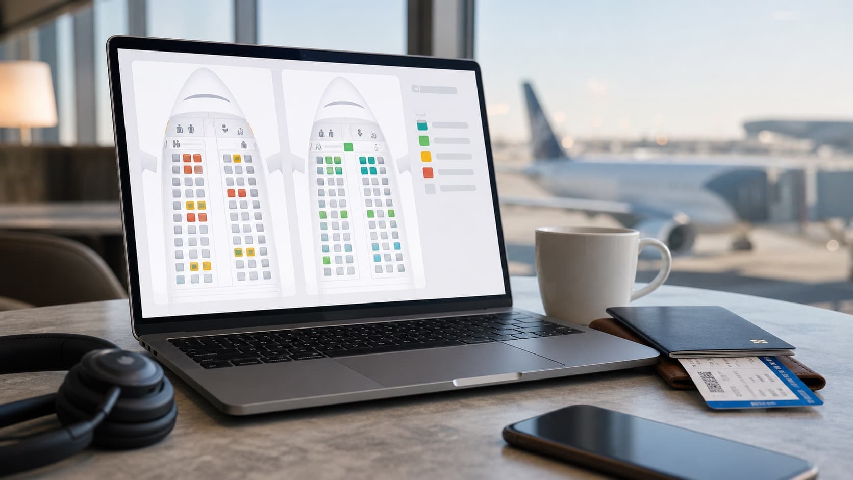 Laptop in an airport lounge showing an abstract seat-map interface beside travel items.