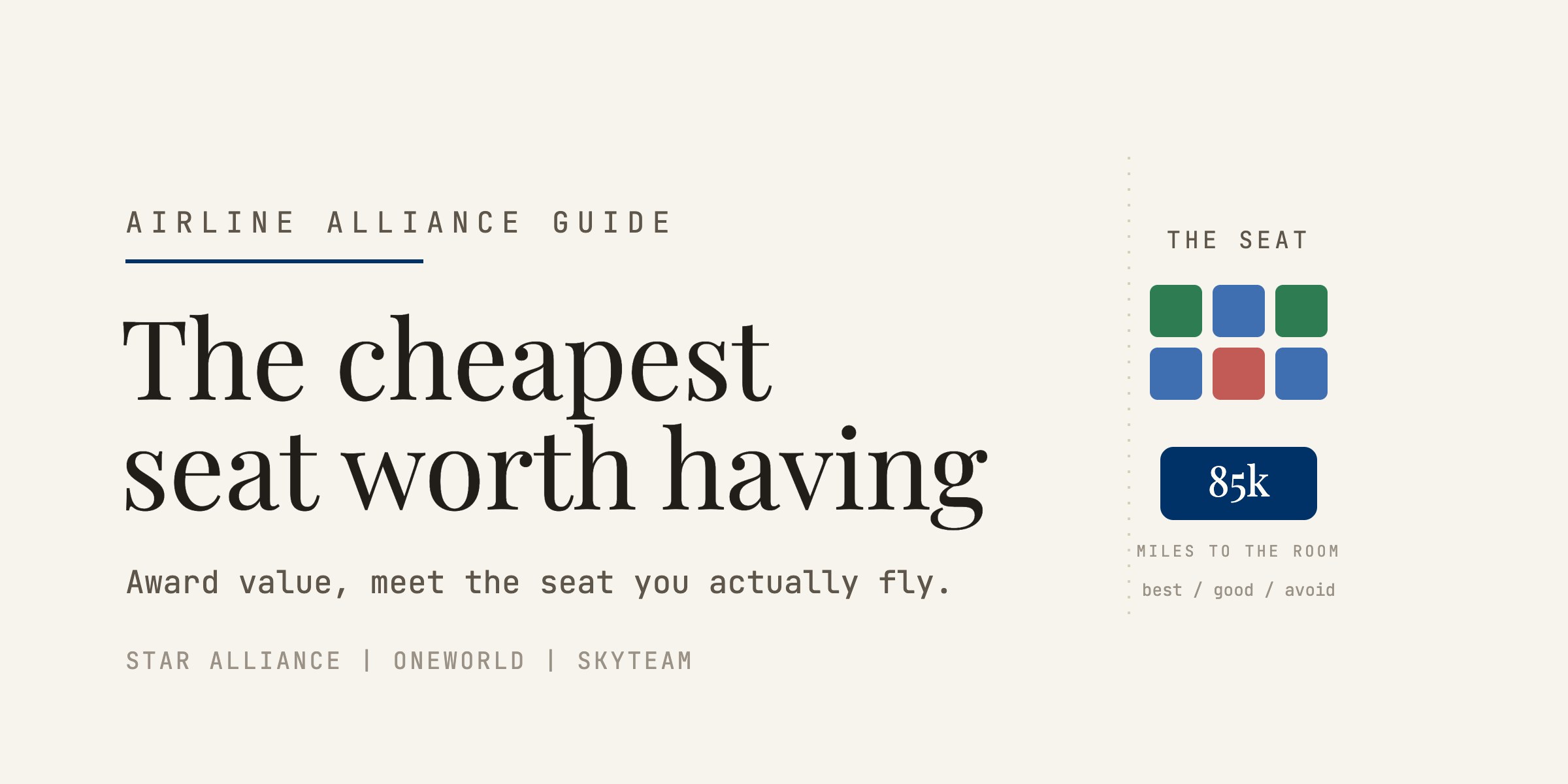 Boarding-pass-style graphic reading 'the cheapest seat worth having', beside a grid of rated seats and an 85k-miles tag.