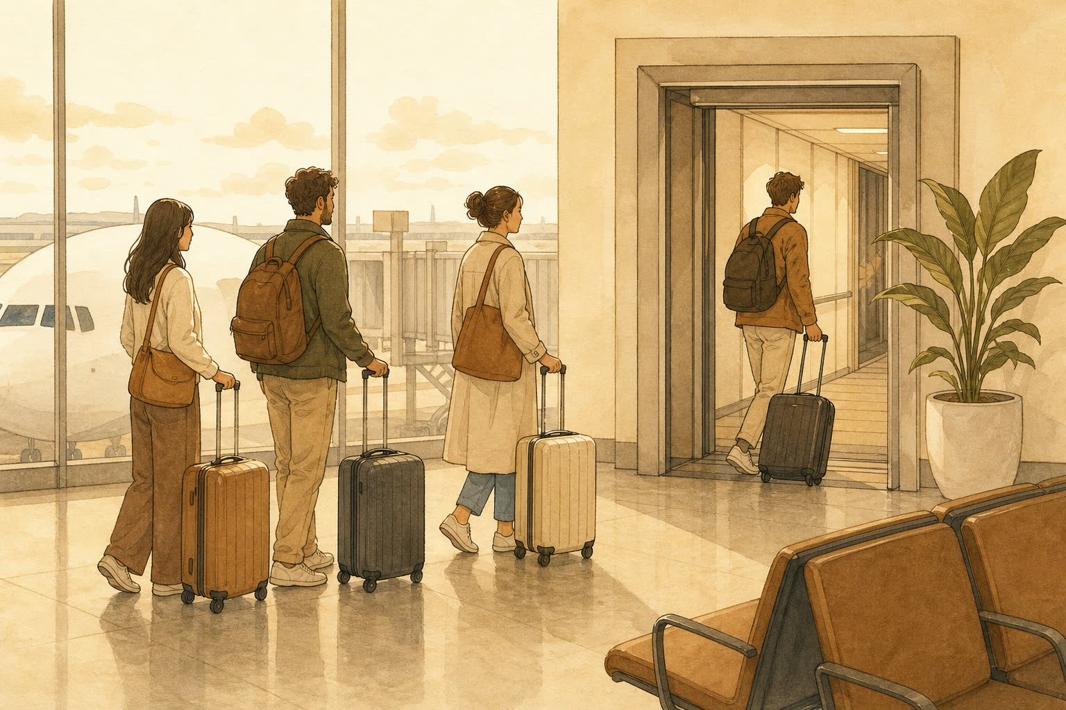 Editorial illustration of a boarding queue with one traveller stepping forward ahead of the line, warm paper tones, no branding