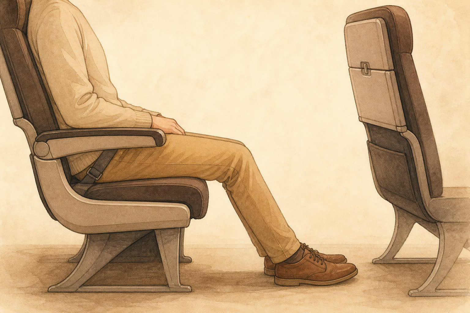 Editorial illustration of a tall traveller's legs comfortably extended in a forward cabin row, warm paper tones, no branding