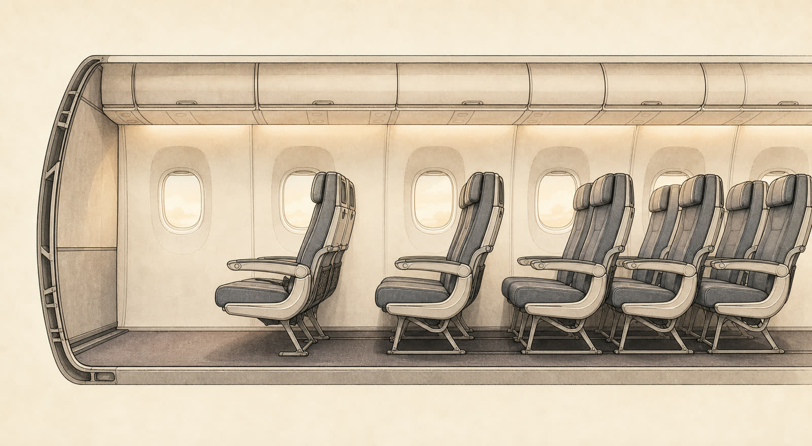 Editorial illustration of a single-aisle cabin in warm paper tones, one forward row drawn with noticeably more space between it and the row ahead