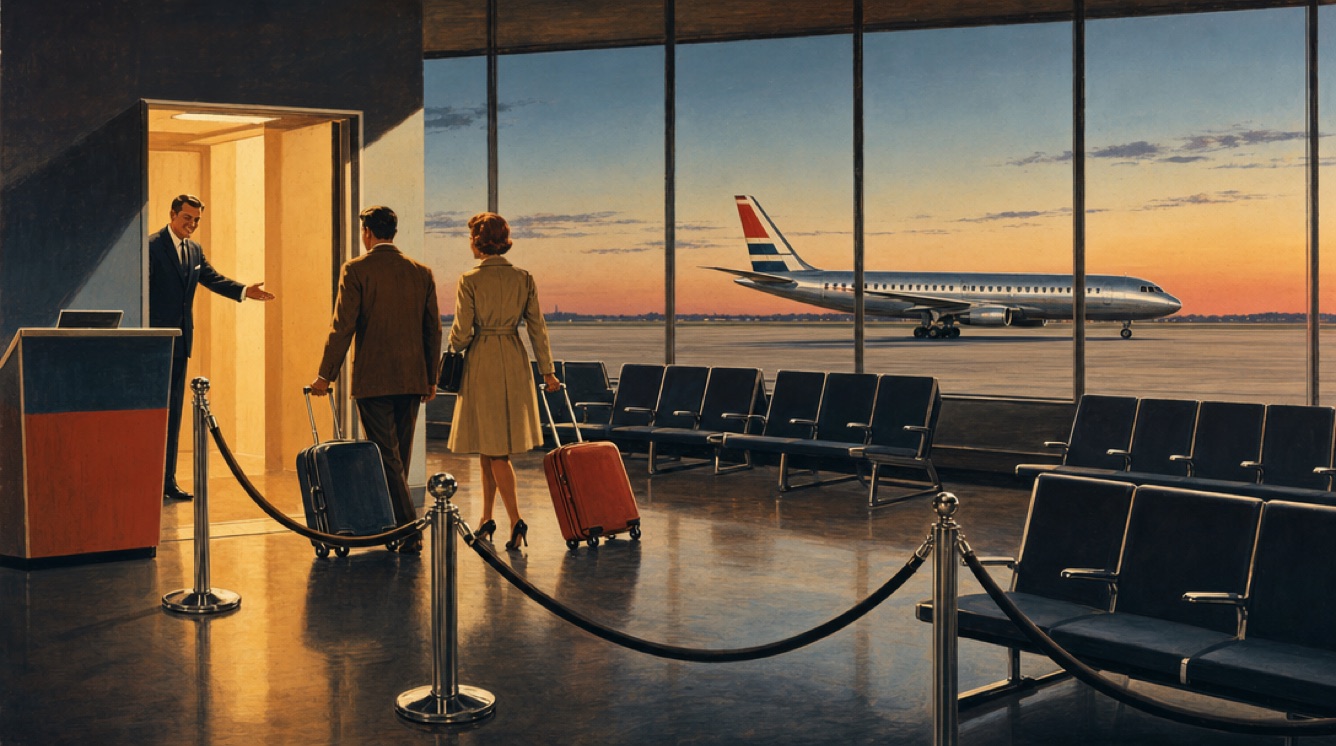 Vintage illustration of a nearly empty gate area at dusk, the last two passengers wheeling bags toward the boarding door while a silver jet with a striped tail stands on the apron