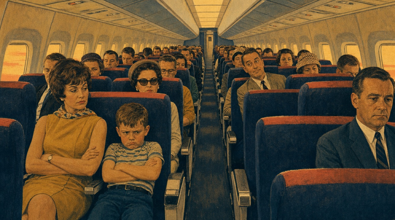 Vintage illustration of an economy cabin where a mother and young son sit together while the father sits several rows back beside a stranger