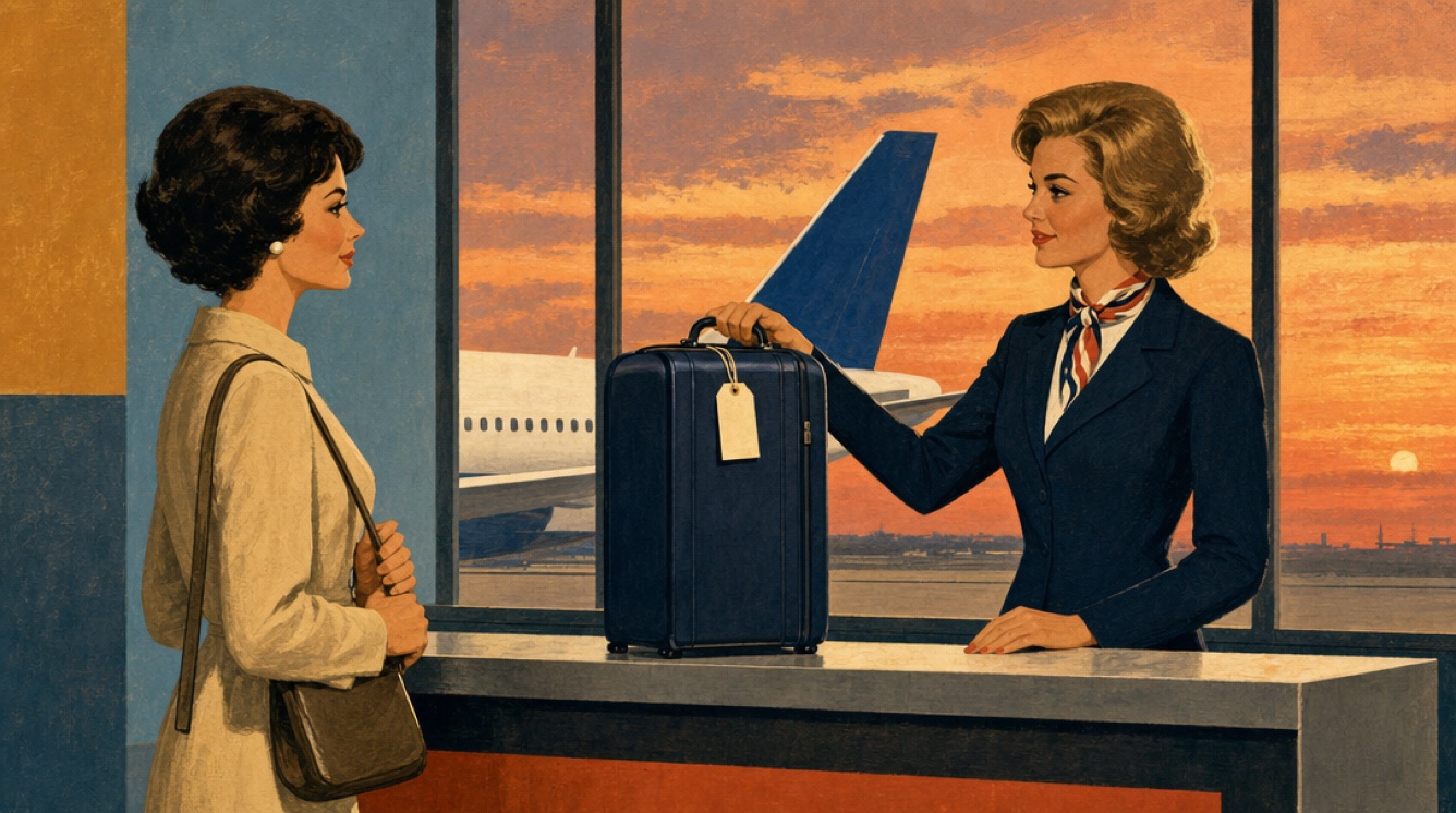 Vintage illustration of an airport gate agent holding a roller suitcase by its handle at the podium while the traveller keeps her shoulder bag, the blue tail of a jet outside the window