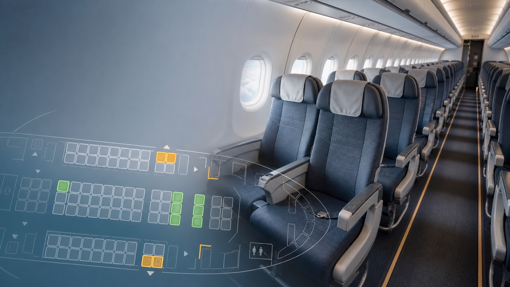 Aircraft economy seats with a seat-map overlay highlighting different row choices.