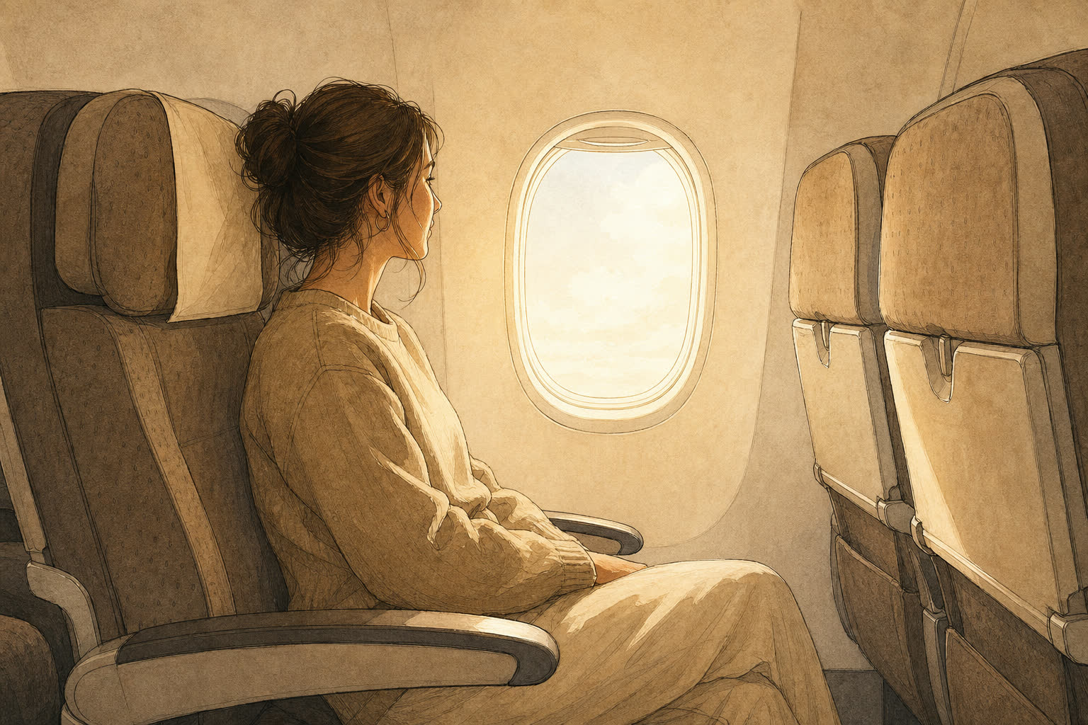 Editorial illustration of a traveller seated by a widebody window in daylight, looking out, warm paper tones, no branding