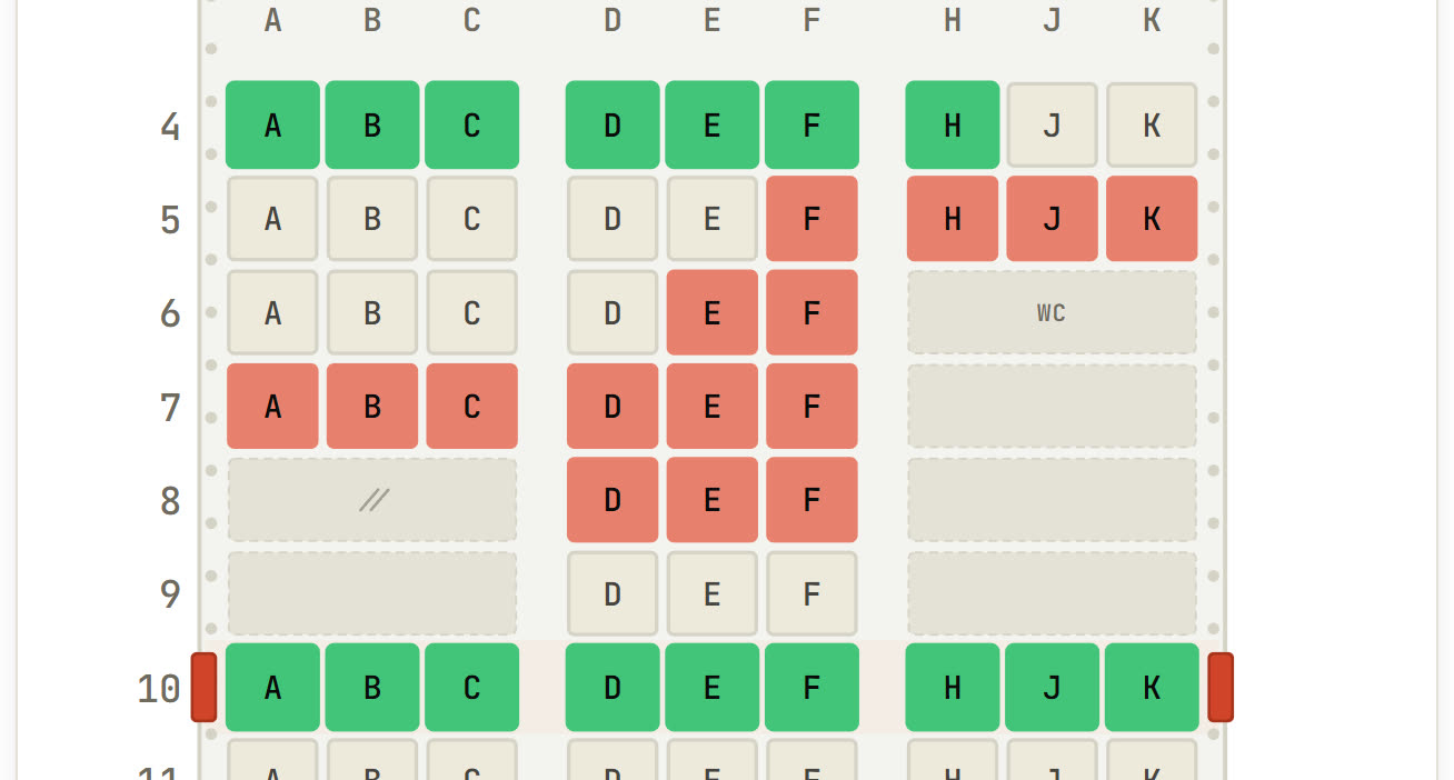 Our Scoot 787-8 seat map, forward economy: a lavatory block sits on the right at rows 6 to 9, the seats around it are flagged to avoid, and the exit row 10 is marked green.