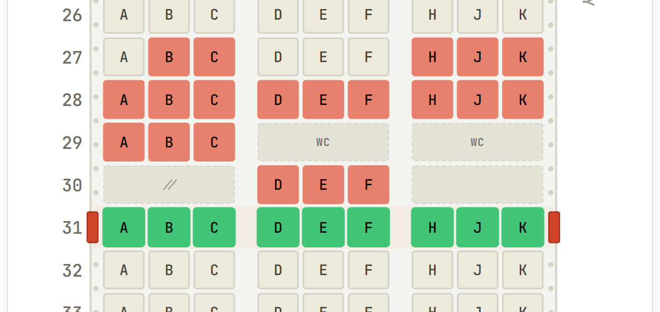 Our Scoot 787-9 seat map, mid-cabin: row 29 is a stub with only the A-to-C seats, a pair of lavatories fills the rest of the row, and the exit row 31 below is marked green.