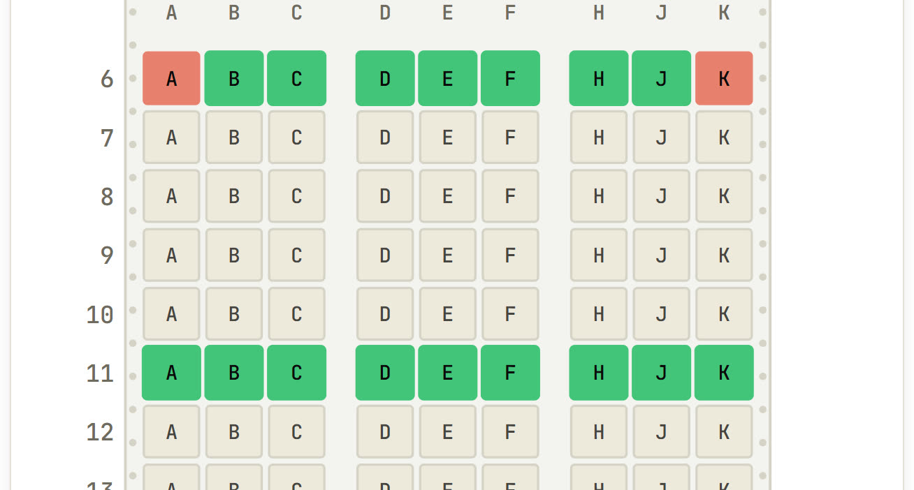 A section of our Scoot 787-9 seat map: the forward economy rows in a 3-3-3 layout, with row 6's window pairs marked green, 6A and 6K flagged as walls, and row 11 highlighted.
