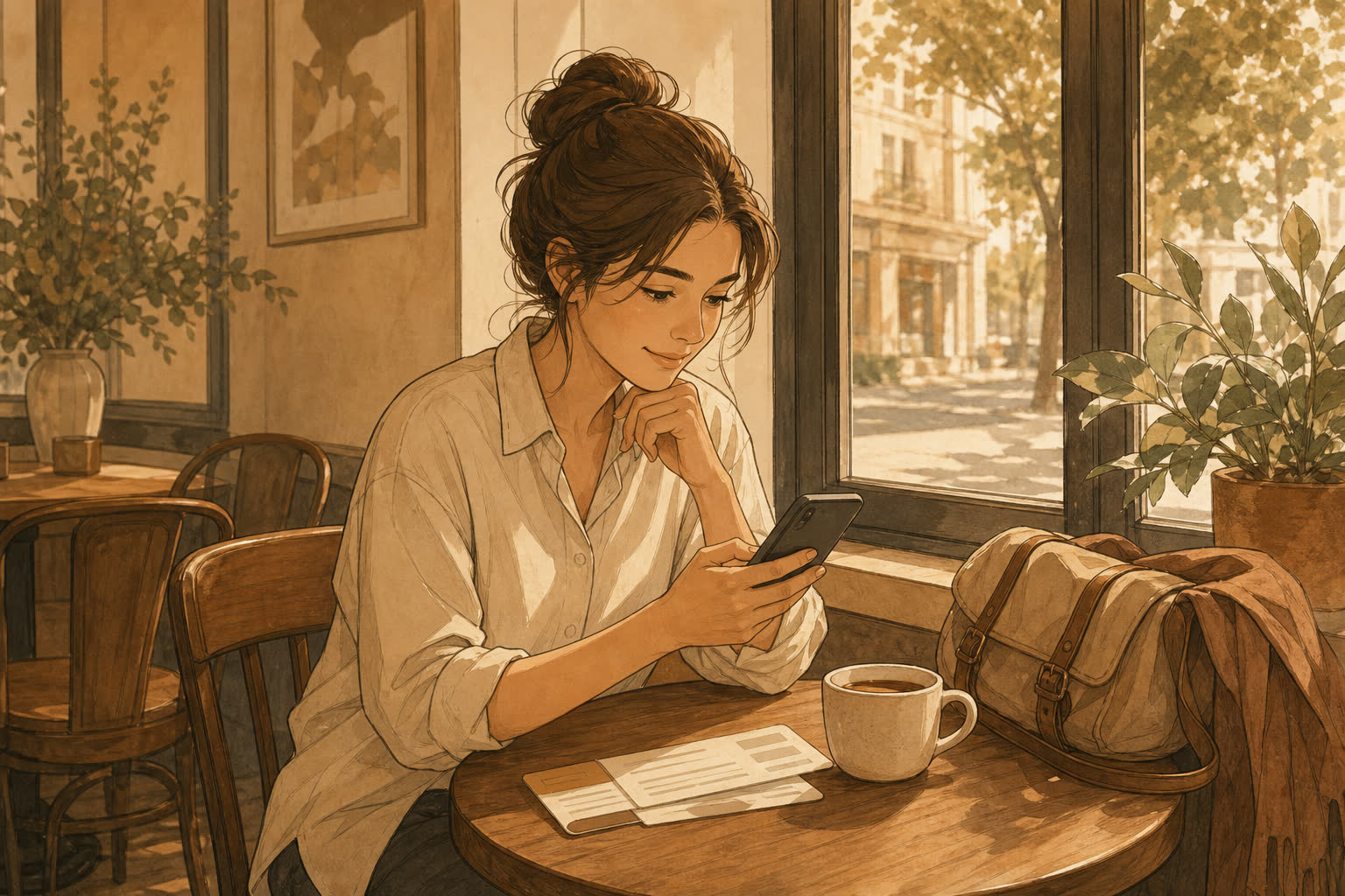 A traveller sits at a sunlit café table, glancing at a phone while a paper boarding pass and a coffee cup rest beside them.