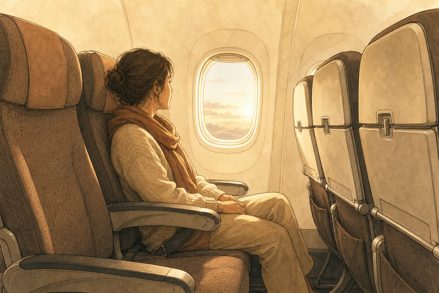 A passenger settled into a window seat inside a single-aisle cabin, looking out at a warm sunset, with a few empty economy seats nearby.