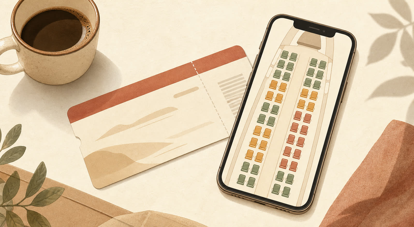 Boarding-pass-style illustration reading 'check the tail, not the bookmark', beside a grid of rated Delta-style cabin seats.