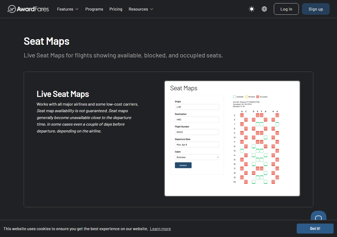 AwardFares Seat Map Tool homepage